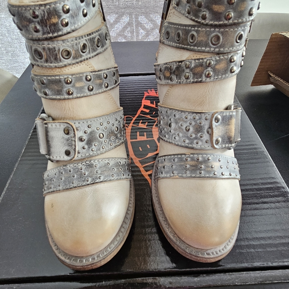 freebird Cream and Gray Studded Leather Ankle Booties - Picture 2 of 7